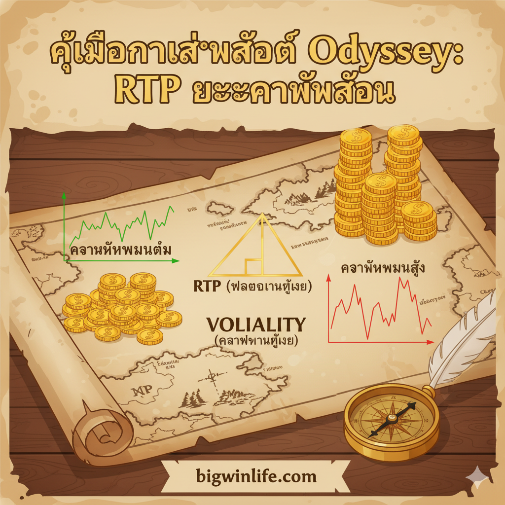 ภาพประกอบคำแนะนำเรื่อง RTP/Volatility ในเกมสล็อตธีมผจญภัย: แสดงสัญลักษณ์หลักการบริหารเงินทุน (เหรียญทองกองเล็กและกองใหญ่) และกราฟสองเส้นที่แตกต่างกัน (เส้นหนึ่งแสดงการชนะบ่อยแต่จำนวนน้อย = Low Volatility, อีกเส้นแสดงการชนะไม่บ่อยแต่จำนวนมาก = High Volatility), มีฉากหลังเป็นแผนที่สมบัติโบราณที่ม้วนอยู่บนโต๊ะหรือเข็มทิศเก่าๆ เพื่อสื่อถึงการวางแผนการผจญภัย, โทนสีอบอุ่นของกระดาษโบราณตัดกับสีเขียวและแดงของกราฟเพื่อความชัดเจน, สไตล์ภาพเน้นความน่าเชื่อถือและการวิเคราะห์.