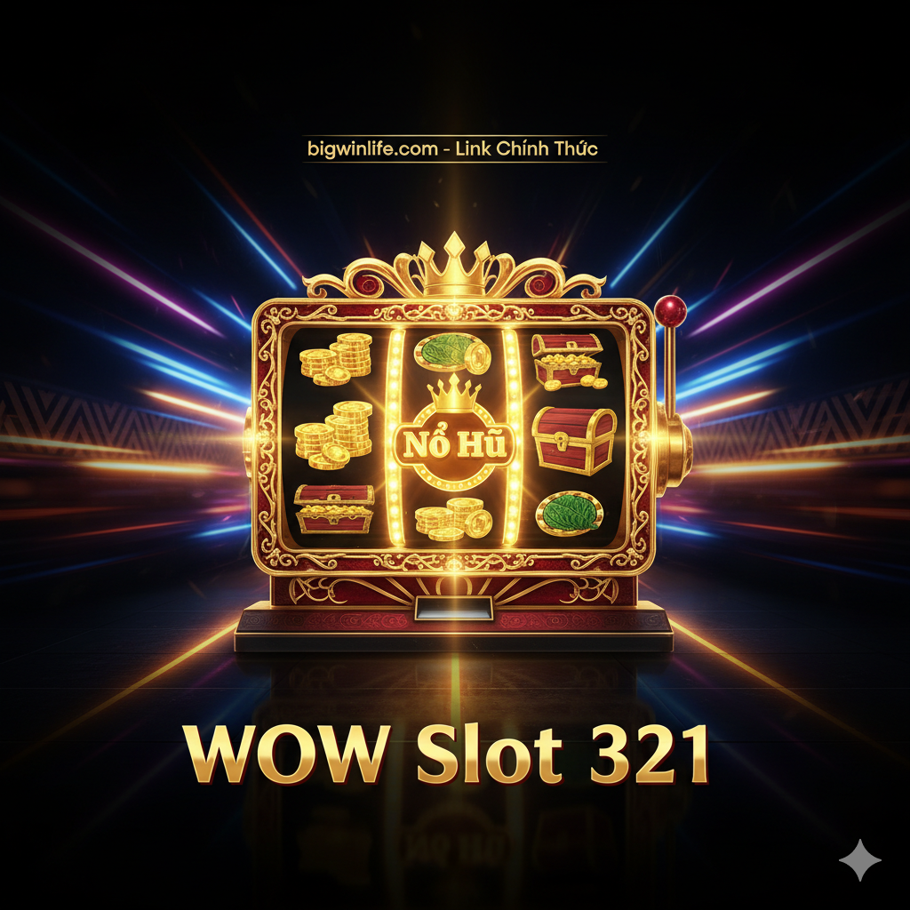 Đây là một bức ảnh high-resolution và nổi bật, đóng vai trò làm ảnh bìa cho bài viết về 'WOW Slot 321'. Hình ảnh phải mang phong cách Casino/Game Slot hiện đại, sang trọng. Trung tâm hình ảnh là logo hoặc biểu tượng đại diện của 'WOW Slot 321' (có thể là một máy slot machine 3 cuộn hoặc một biểu tượng Nổ Hũ - Jackpot) rực rỡ ánh vàng kim (gold) và đỏ (crimson). Phía sau là ánh sáng neon rực rỡ, mờ ảo của sòng bài (Las Vegas style). Nền tối (dark background) làm nổi bật các yếu tố màu vàng, thể hiện sự giàu có và chiến thắng (bigwin). Phía trên có thể thêm dòng chữ nhỏ 'bigwinlife.com - Link Chính Thức' để khẳng định nguồn uy tín. Ảnh này dùng để thu hút người đọc từ cái nhìn đầu tiên.