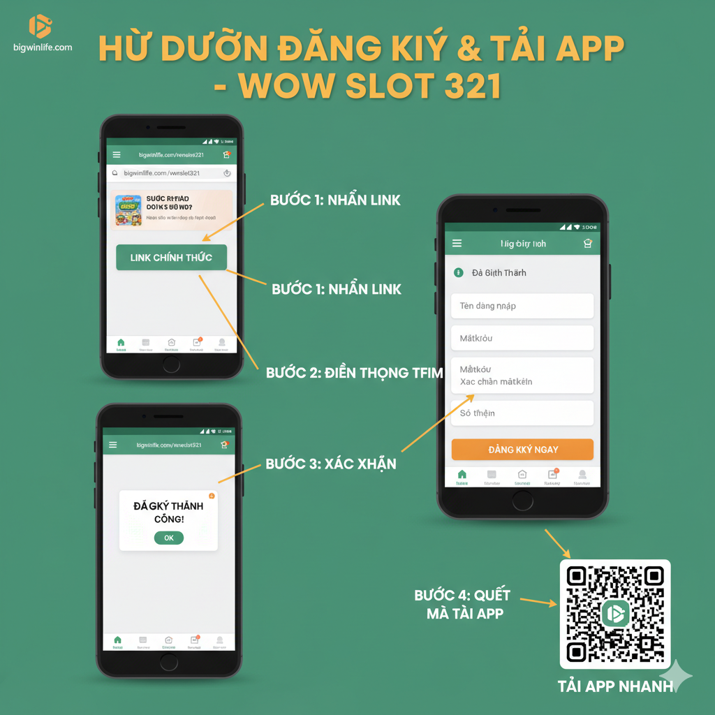 Hình ảnh minh họa cho phần 'Hướng Dẫn Đăng Ký Tài Khoản' và 'Tải App'. Bố cục là một chuỗi hành động được đơn giản hóa: 3 bước (hoặc 4 bước) minh họa trên màn hình điện thoại thông minh (smartphone) thực hiện việc đăng ký (Register/Sign Up). Bước 1 là nhấn 'Link Chính Thức', Bước 2 là điền thông tin vào form (Username, Password, Phone Number), Bước 3 là Xác nhận. Có thể thêm biểu tượng quét mã QR (QR Code) nhỏ ở góc để đề cập đến việc 'Tải App'. Màu sắc đơn giản, sạch sẽ (clean UI/UX), tập trung vào các nút bấm màu xanh lá cây hoặc cam để dẫn dắt hành động. Hình ảnh cần trực quan, dễ hiểu, hướng dẫn người dùng.