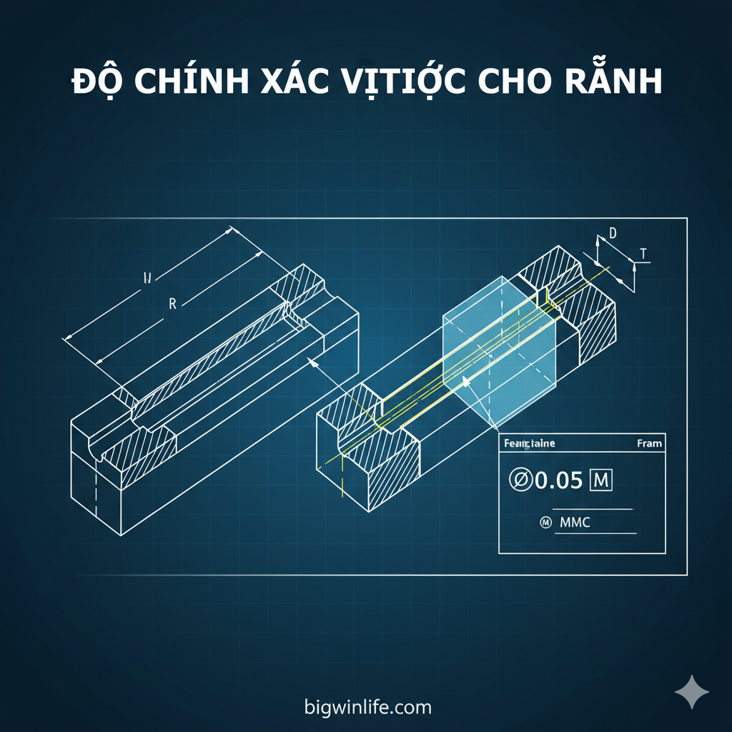 Một hình ảnh chuyên sâu và kỹ thuật cao của GD&T. Hình ảnh minh họa một bản vẽ kỹ thuật chi tiết cơ khí có màu sắc hiện đại. Điểm nhấn là khu vực có Rãnh (Slot) được phóng to, hiển thị rõ ràng Khung điều khiển đặc trưng (Feature Control Frame - FCF) cho Position Tolerance.