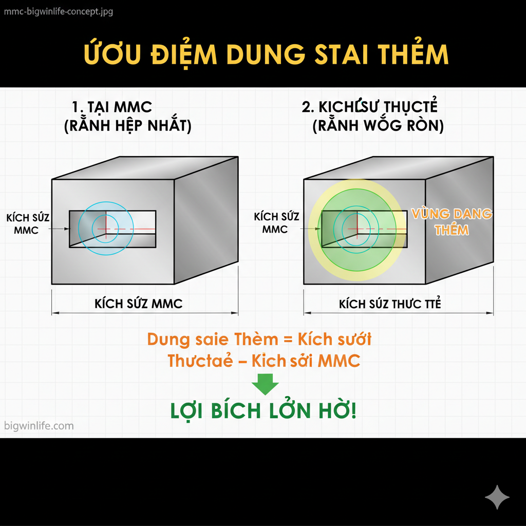 Hình ảnh giải thích trực quan về Điều kiện Vật liệu Tối đa (MMC) và Dung sai Thêm (Bonus Tolerance) cho rãnh. Minh họa hai tình huống: Rãnh tại MMC và Rãnh thực tế lớn hơn với vùng dung sai được mở rộng.