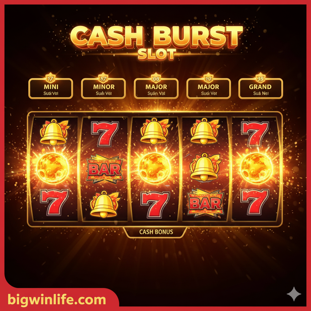 Ảnh bìa tổng quan về trò chơi Cash Burst Slot. Hình ảnh nên là màn hình trò chơi đang ở trạng thái thắng lớn hoặc chuẩn bị kích hoạt Bonus. Nổi bật 5 cuộn quay (reels) rực rỡ, chứa các biểu tượng cổ điển (7s, Bar, chuông) và các Biểu tượng Cash Burst (hình quả cầu lửa/đồng xu vàng). Phía trên hoặc xung quanh cuộn quay có hiển thị các mức Jackpot (Mini, Minor, Major, Grand). Sử dụng tông màu nóng, vàng, đỏ, cam để thể hiện sự bùng nổ, giàu có và kịch tính ('burst'). Chữ tiêu đề 'Cash Burst Slot' nên rõ ràng và có hiệu ứng 3D phát sáng.