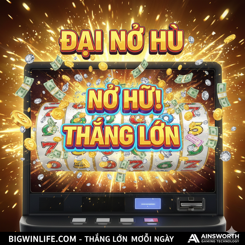 Hình ảnh đại diện cho tiềm năng Thắng Lớn (Big Win) và Jackpot. Hiển thị một màn hình 'JACKPOT WIN' rực rỡ, với một số lượng lớn tiền vàng, tiền giấy hoặc kim cương đang 'bùng nổ' ra từ cuộn quay. Tên giải 'GRAND JACKPOT' nên được làm nổi bật nhất, có thể ở góc trên cùng của màn hình. Kèm theo logo nhỏ của nhà cung cấp Ainsworth để tăng uy tín. Phong cách ăn mừng chiến thắng, vui vẻ, tạo cảm giác phấn khích và phần thưởng lớn.