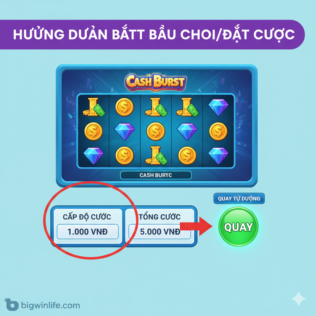 Hình ảnh kết luận, kêu gọi hành động. Hình ảnh nên có logo hoặc tên trò chơi 'Cash Burst Slot' ở trung tâm, bao quanh bởi một vòng quay hoặc biểu tượng Free Spins/Bonus. Phía dưới là không gian để chèn thông điệp 'Chơi Thử Miễn Phí' hoặc 'Săn Grand Jackpot Tại bigwinlife.com'. Sử dụng màu sắc hấp dẫn nhưng không quá hỗn loạn, có thể là sự kết hợp giữa xanh dương (tin cậy) và vàng/cam (giải thưởng) để tạo cảm giác vừa an toàn vừa kịch tính.