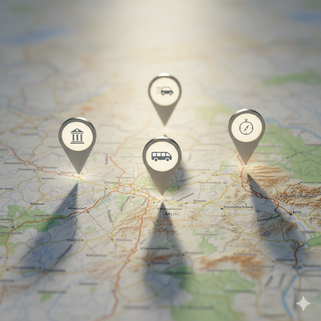 ภาพแสดงความได้เปรียบในการเลือกศูนย์สอบ SAT ที่เหมาะสม (เช่น MUIC, RIS) แสดงภาพแผนที่ประเทศไทยหรือกรุงเทพฯ ที่มีจุดปักหมุด (Pin Location Icon) บนตำแหน่งศูนย์สอบสำคัญๆ 3-4 แห่ง แต่ละจุดมีไอคอนที่สื่อถึงความสะดวกสบาย (เช่น รูปตึกมหาวิทยาลัย, รูปยานพาหนะ) ภาพรวมให้ความรู้สึกของการวางแผนเชิงกลยุทธ์ (Strategic Planning) และการเข้าถึงข้อมูลวงใน เพื่อช่วยให้ผู้สอบเลือกสนามรบที่ได้เปรียบที่สุด