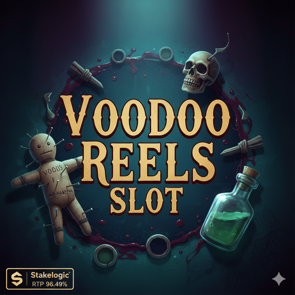 Một hình ảnh đại diện (cover image) ấn tượng, lấy cảm hứng từ chủ đề ma thuật Voodoo của slot game 'Voodoo Reels'. Hình ảnh nên có tông màu u ám, bí ẩn như xanh đậm, tím than và đỏ máu. Trung tâm là logo hoặc tiêu đề 'VOODOO REELS SLOT' lớn, nổi bật, được bao quanh bởi các yếu tố ma thuật như một con búp bê Voodoo với kim đâm, một chiếc đầu lâu nhỏ hoặc một chai lọ chứa thuốc độc. Ánh sáng nên tập trung vào tiêu đề, tạo hiệu ứng kịch tính và mời gọi. Sử dụng font chữ cổ điển, rùng rợn. Gắn kèm một góc nhỏ biểu tượng nhà cung cấp 'Stakelogic' và chỉ số 'RTP 96.49%' để tăng tính chuyên nghiệp.