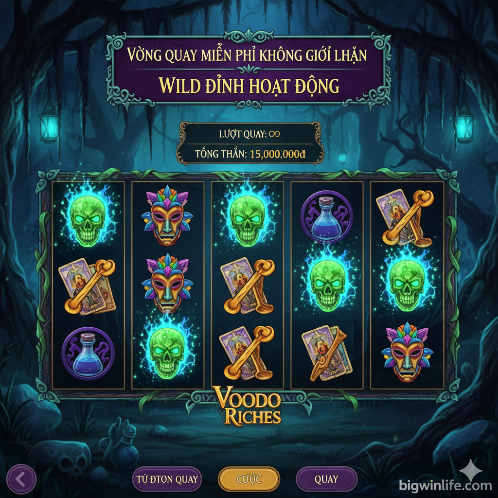 Hình ảnh minh họa tính năng cốt lõi 'Unlimited Free Spins' và 'Sticky Wilds'. Bố cục nên là một ảnh chụp màn hình game đang trong chế độ Bonus. Hiển thị rõ ràng các cuộn quay (5x3) với ít nhất 3-4 biểu tượng Wild (biểu tượng Wild phải nổi bật, có thể là đầu lâu hoặc mặt nạ) đang bị 'dính' (sticky) lại trên các vị trí ngẫu nhiên. Phía trên cuộn quay, nên có một dòng chữ hoặc chỉ báo thể hiện trạng thái 'Unlimited Free Spins' hoặc 'Wild Collect Active'. Tông màu vẫn là u ám nhưng có thêm hiệu ứng ánh sáng lấp lánh (sparkles) hoặc lửa xanh để nhấn mạnh sự kích hoạt tính năng mang lại chiến thắng lớn.