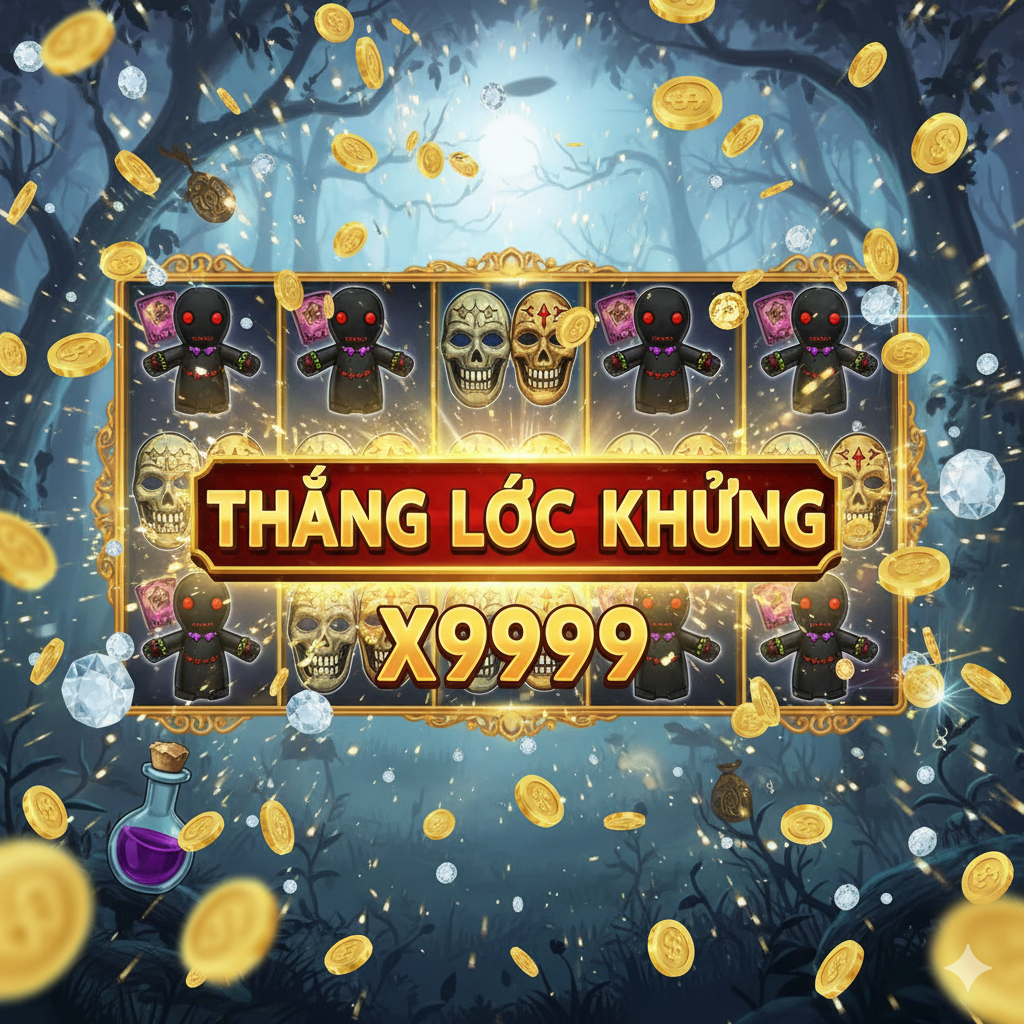 Hình ảnh thể hiện lợi thế của Độ Biến Động Cao (High Volatility) và Max Win. Hình ảnh nên là một màn hình 'BIG WIN' hoặc 'MEGA WIN' rực rỡ, màu vàng kim và đỏ. Ở trung tâm, hiển thị một số tiền thắng lớn giả định (ví dụ: 'X5000' hoặc một con số lớn). Phía sau là các biểu tượng giá trị cao của game xếp thành hàng thắng (chẳng hạn như 5 búp bê Voodoo hoặc 5 mặt nạ xương). Tổng thể phải tạo ra cảm giác hưng phấn, kịch tính và thành công, phù hợp với tuyên bố 'Thắng lớn hiếm nhưng giá trị cao' của độ biến động CAO.