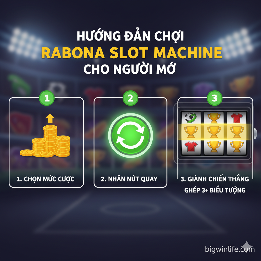 这是一张充满活力的 'Rabona Slot Machine' 封面图,视觉冲击力强。构图中心是一个融合了足球主题的老虎机界面,卷轴上展示着金色奖杯、燃烧的足球和 'WILD' 符号。左侧是一个3D足球运动员正在做出标志性的 'Rabona' 踢球动作,带着能量光效。右侧是醒目的越南语发光文字:'100% BONUS ĐỘC QUYỀN' 和 '200 VÒNG QUAY MIỄN PHÍ'。背景是模糊但明亮的足球场馆和欢呼的人群。主色 điệu为充满 sinh lực 的绿色(như 球场)、金色和 xanh dương。Bigwinlife.com 的 logo khéo léo được đặt ở góc.