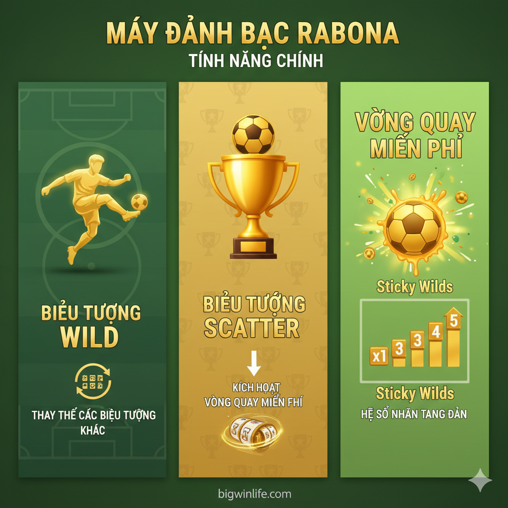 这是一张信息图风格的图片,用于展示 'Rabona Slot Machine' 的核心功能。画面被清晰地分为三个区域。左侧区域特写展示 'WILD' 符号(可能是一个金色的足球运动员),旁边有越南语 'Biểu Tượng WILD' 并 dùng biểu tượng giải thích chức năng thay thế của nó. Trung gian 区域展示 'SCATTER' 符号(ví dụ một chiếc cúp),并 chú thích 'Kích Hoạt FREE SPINS'(kích hoạt vòng quay miễn phí)。右侧区域以 đồ họa miêu tả sự hưng phấn của vòng quay miễn phí, ví dụ như 'Sticky Wilds'(Wild cố định)hoặc 'Hệ Số Nhân Tăng Dần'(Hệ số nhân tăng dần). Phong cách tổng thể hiện đại, rõ ràng, màu sắc phù hợp với chủ đề game (xanh lá, vàng kim).