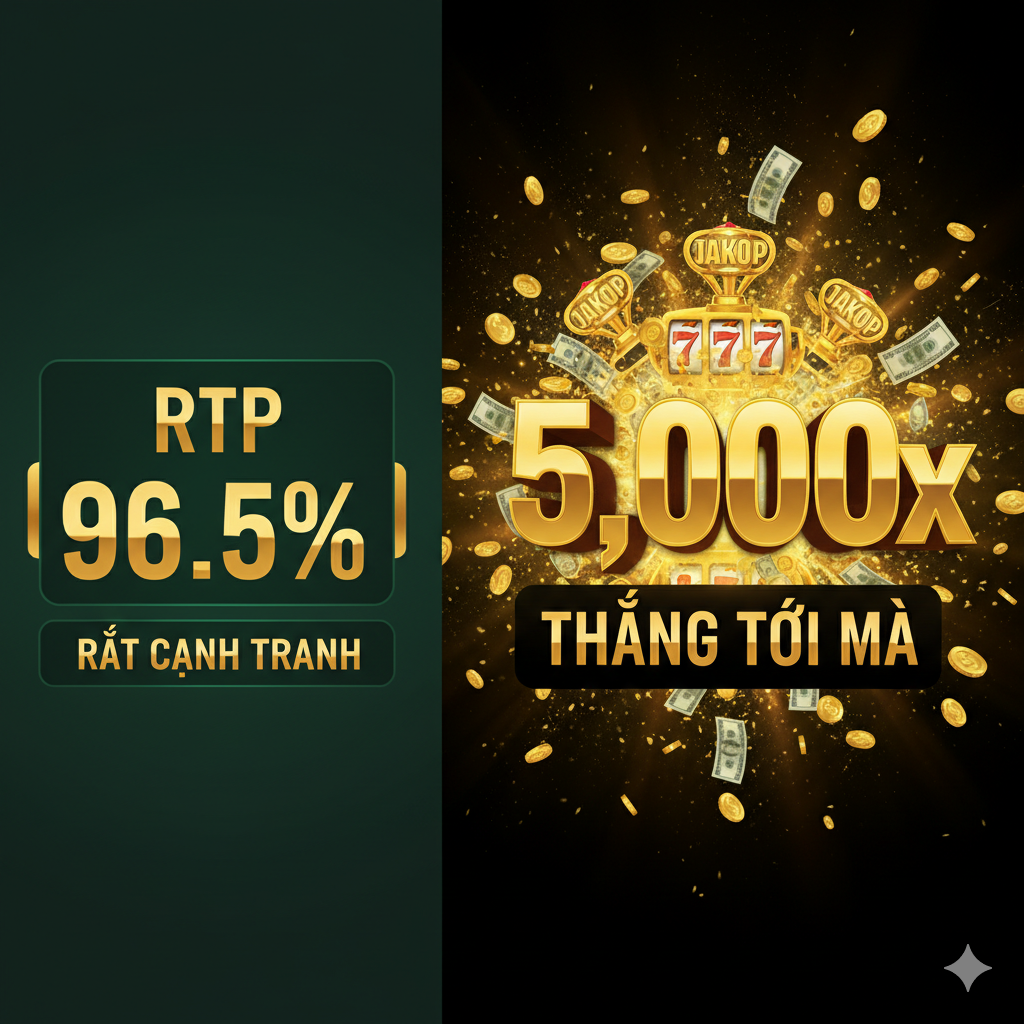 这是一张强调 'Rabona Slot Machine' 核心优势的对比图。画面分为两 phần. 左侧以 đậm nét, chuyên nghiệp thiết kế nổi bật 'RTP 96.5%', và có thể có một nhãn nhỏ 'Rất Cạnh Tranh' (Rất Cạnh Tranh). 右侧则 cực kỳ ấn tượng về mặt thị giác, hiển thị một con số vàng khổng lồ '5,000x' và tiếng Việt 'THẮNG TỐI ĐA' (Max Win), nền là hiệu ứng của rất nhiều đồng xu vàng và cúp đang nổ tung khỏi màn hình. Thiết kế này nhằm nổi bật tỷ lệ hoàn trả cao và tiềm năng 'nổ hũ' (jackpot) lớn. Tông màu chủ đạo là vàng, xanh đậm và đen, tạo cảm giác sang trọng và chiến thắng.