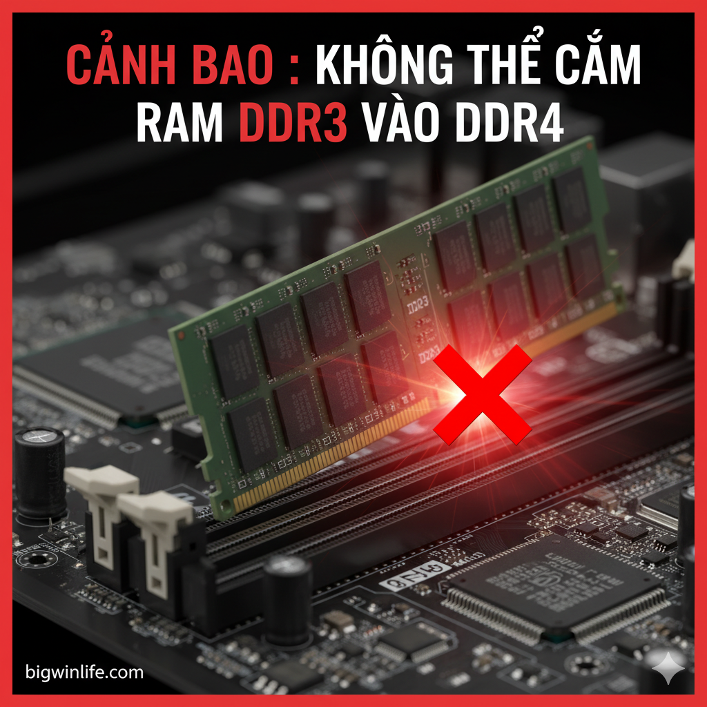 Ảnh bìa mang tính cảnh báo, lấy tông màu đỏ/đen làm chủ đạo để thể hiện sự nguy hiểm. Trung tâm là hình ảnh một thanh RAM DDR3 và một khe cắm DDR4 trên Mainboard, có một biểu tượng ❌ lớn và rõ ràng chồng lên nhau hoặc một hiệu ứng ánh sáng đỏ rực phát ra từ khu vực rãnh khóa không khớp. Phía trên có dòng chữ lớn, đậm nét (tiếng Việt): CẢNH BÁO: KHÔNG THỂ CẮM RAM DDR3 VÀO DDR4. Phong cách hiện đại, góc nhìn cận cảnh, chi tiết rõ nét.
