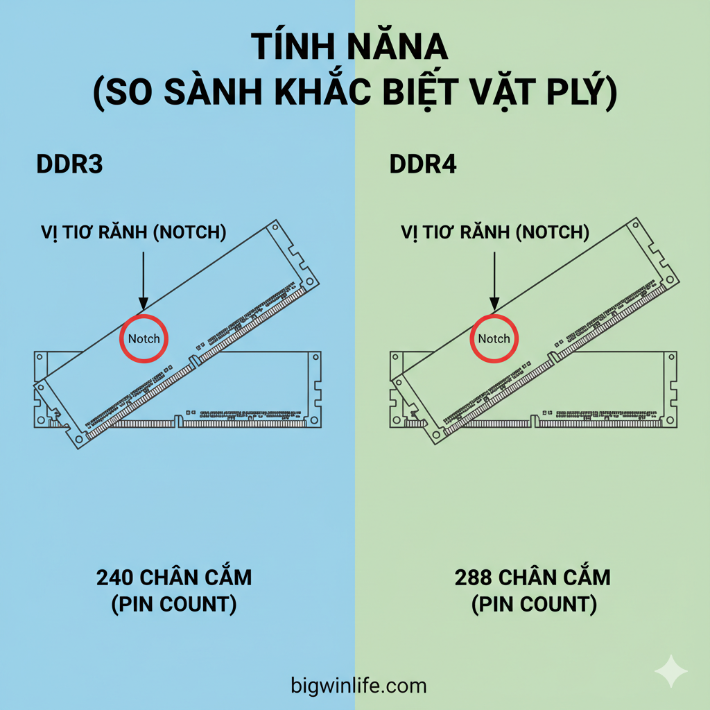 Hình ảnh so sánh trực quan và kỹ thuật, tập trung vào hai lý do vật lý: vị trí rãnh khóa và số chân cắm. Chia đôi màn hình: bên trái là thanh RAM DDR3 (240 chân, rãnh khóa gần giữa), bên phải là thanh RAM DDR4 (288 chân, rãnh khóa lệch xa hơn). Sử dụng mũi tên và vòng tròn để làm nổi bật sự khác biệt về vị trí rãnh khóa (Notch) và hiển thị số chân cắm (Pin Count) bên dưới mỗi thanh RAM. Màu sắc tươi sáng, phong cách sơ đồ kỹ thuật/infographic.