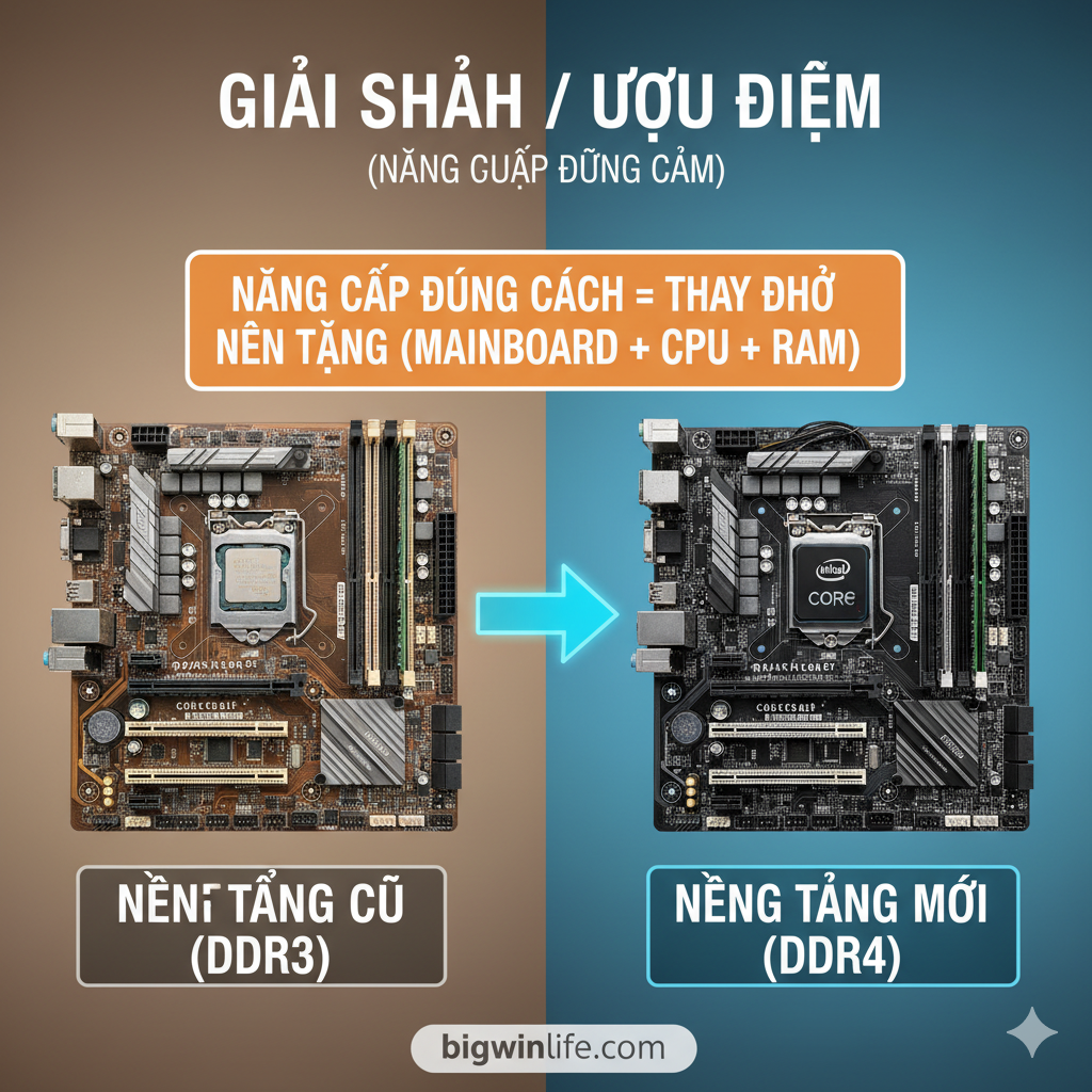 Hình ảnh minh họa giải pháp nâng cấp toàn diện. Hình ảnh một Mainboard DDR3 cũ với CPU và RAM DDR3 bên trong, sau đó có một mũi tên lớn chỉ sang một bộ linh kiện hoàn toàn mới: Mainboard DDR4 mới, CPU mới và thanh RAM DDR4 mới. Dùng các hộp chú thích (tiếng Việt) để nhấn mạnh: Nâng cấp lên DDR4 = Thay đổi Nền tảng (Mainboard + CPU + RAM). Bố cục trình bày theo dạng quy trình/lộ trình nâng cấp, màu sắc hiện đại và dễ phân biệt giữa cũ và mới.