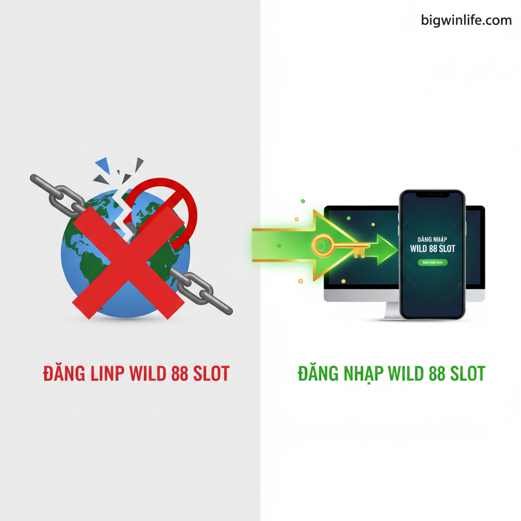 功能图,用于解释'Link Alternatif'的作用。图片分为左右两部分,风格简洁专业。左侧是一个被巨大的'X'(代表'被阻止')标记的破碎锁链或一个被禁止图标覆盖的地球仪,象征主链接被封锁。右侧是一个绿色或金色的箭头上插着一个钥匙,指向一个畅通无阻的手机或电脑屏幕,屏幕上显示'Wild 88 Slot Login'界面。整体色彩对比鲜 minh,突出'突破封锁, 快速访问'的核心功能。