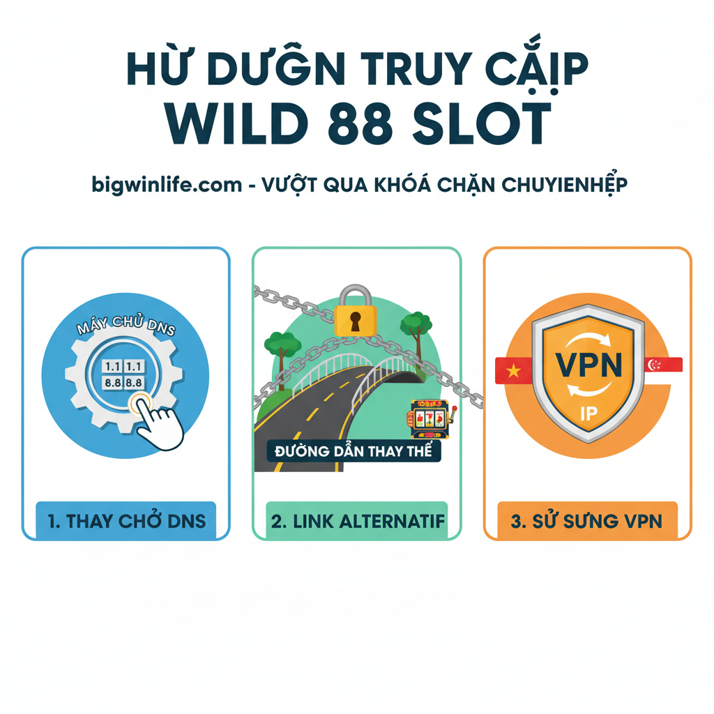 教程图,用于展示绕过封锁的3种专业方法。图片采用信息图表(Infographic)风格,分成三个小模块并排展示。模块一:一个手指点击带有'1.1.1.1'和'8.8.8.8'字样的DNS服务器图标(或齿轮)。模块二:一个被锁链阻挡的路径被一个魔法门(或带有'Link Alternatif'字样的桥梁)绕过。模块三:一个带有VPN标志的盾牌,上面有一个从不同国家/khu vực (như Việt Nam đến Singapore) chuyển đổi địa chỉ IP biểu tượng. Cấu trúc rõ ràng, sử dụng xanh dương, xanh lá và cam để phân biệt các bước.