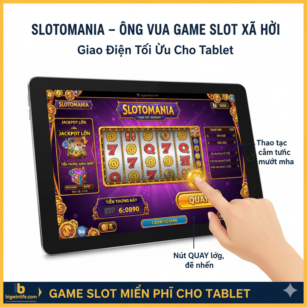 Hình ảnh minh họa tính năng tối ưu hóa cho tablet, đặc biệt nhấn mạnh trò chơi Slotomania (được nhắc đến là 'Ông Vua' game slot xã hội). Ảnh chia làm hai phần: bên trái là hình ảnh giao diện Slotomania trên màn hình tablet ngang (landscape mode), hiển thị nút 'Spin' lớn và rõ ràng; bên phải là một bàn tay đang chạm vào nút 'Spin' trên màn hình đó, thể hiện tính năng 'Thao tác cảm ứng mượt mà' và 'Nút Spin lớn, dễ nhấn'. Phong cách sáng, rõ ràng, tập trung vào UX/UI (Trải nghiệm Người dùng/Giao diện Người dùng) trên màn hình lớn.