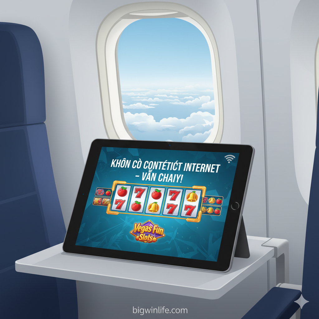 Hình ảnh minh họa phần hướng dẫn/cơ hội chơi offline. Bối cảnh là một chuyến du lịch, ví dụ: bên trong máy bay hoặc một nơi không có sóng Wi-Fi (biểu tượng Wi-Fi gạch chéo nhỏ). Trung tâm là một chiếc tablet đang hiển thị một game slot (ví dụ: Vegas Fun Classic Slots) với thông báo 'No Internet Connection – Still Playing!'. Màu sắc dịu mát (xanh da trời, trắng của mây hoặc ghế máy bay) để đối lập với màu sắc rực rỡ của casino, làm nổi bật ưu điểm 'Giải trí không gián đoạn' và 'Tiết kiệm dữ liệu'.