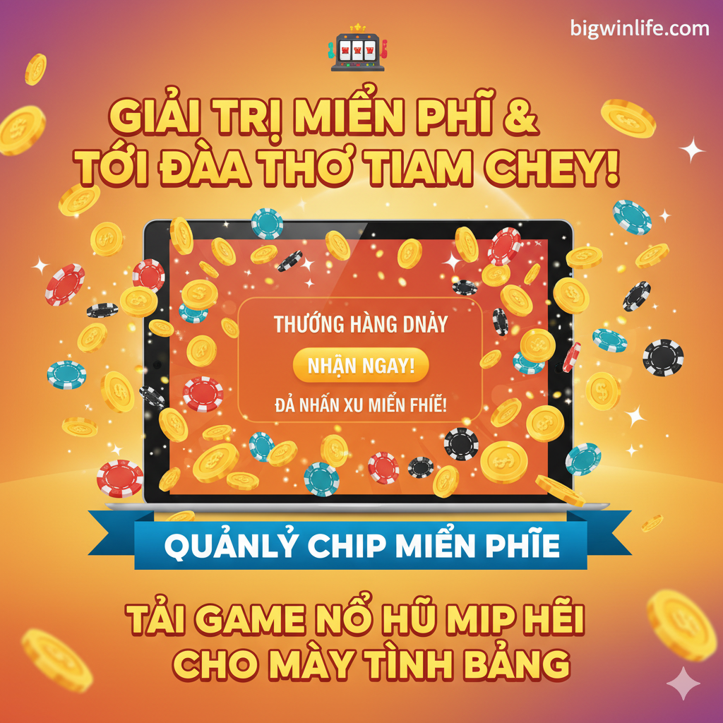 Hình ảnh tóm tắt với thông điệp: Giải trí miễn phí và tối đa hóa thời gian chơi. Một chiếc máy tính bảng đang hiển thị màn hình 'Daily Bonus' (Phần thưởng hàng ngày) hoặc 'Free Coins Claimed!' (Đã nhận xu miễn phí!) của một game slot. Xung quanh chiếc tablet là một cơn mưa tiền xu ảo (chip, token ảo) màu vàng sáng lấp lánh. Phong cách tươi vui, khuyến khích, màu sắc ấm áp và rực rỡ. Cấu trúc đơn giản, rõ ràng để nhấn mạnh 'Quản lý Chip Miễn Phí' và lời khuyên 'Tải game nổ hũ miễn phí cho máy tính bảng'.