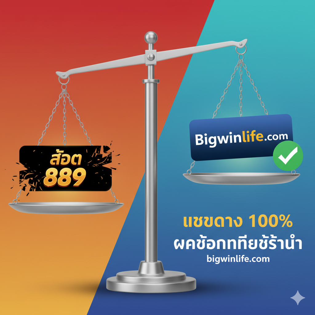 ออกแบบหนึ่งภาพที่มีจุดมุ่งหมายเพื่อสร้างความไว้วางใจและเน้นย้ำความแตกต่างระหว่าง Bigwinlife กับแพลตฟอร์มสล็อตทั่วไป ภาพควรเป็นสไตล์อินโฟกราฟิกหรือตารางเปรียบเทียบ โดยใช้ไอคอน 'ถูก' (✅) และ 'ผิด' (❌) ที่ชัดเจน แสดงให้เห็นถึงคุณสมบัติที่ Bigwinlife เหนือกว่า เช่น 'เว็บตรง 100%', 'ระบบออโต้', 'ฝากถอนไม่มีขั้นต่ำ', และ 'บริการ 24 ชั่วโมง' เพื่อตอบคำถามผู้ใช้ว่าทำไม Bigwinlife ถึงเป็นตัวเลือกที่ดีกว่า 'Slot 889'