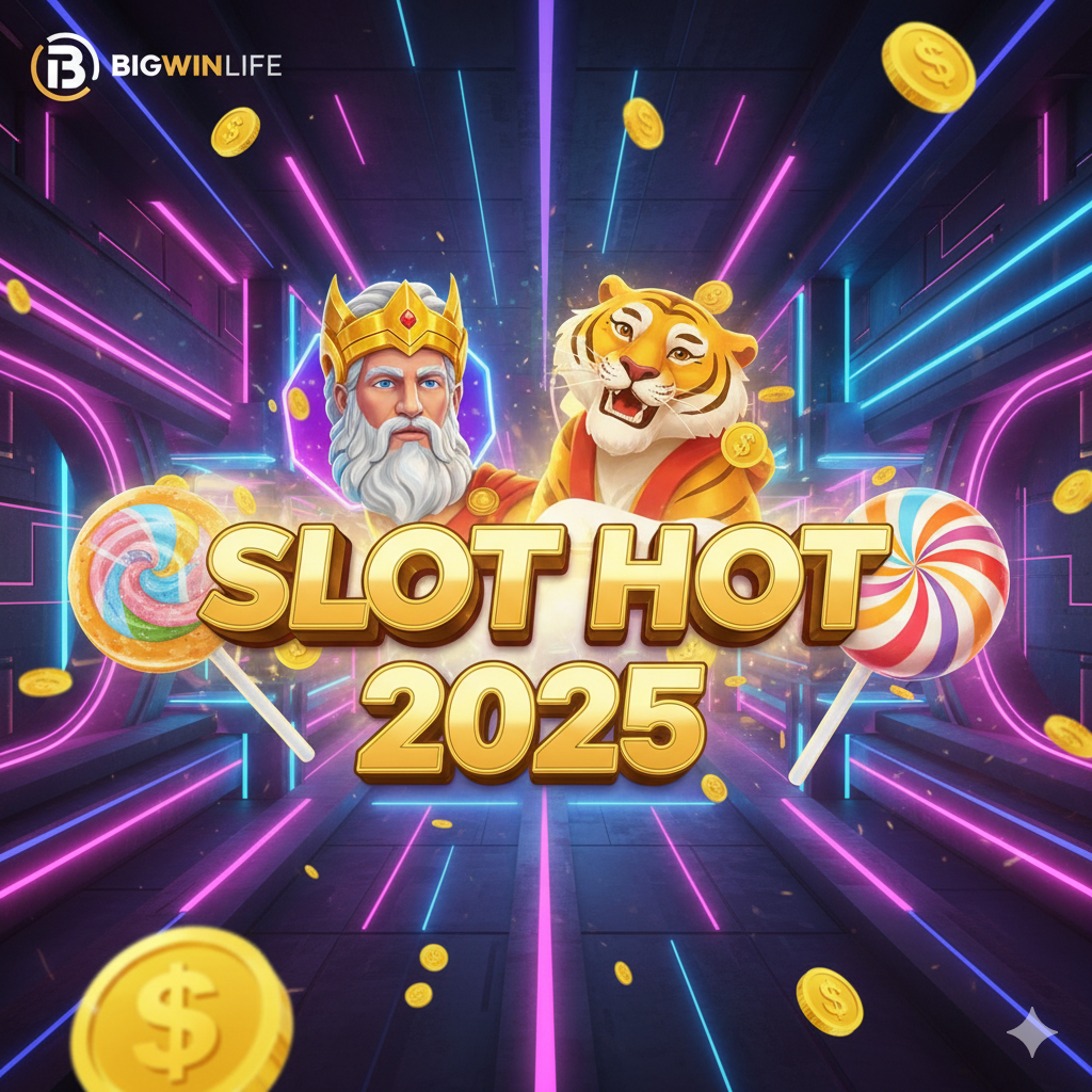 Một hình ảnh bìa rực rỡ và năng động cho Bigwinlife. Trung tâm là dòng chữ "Hot Slots 2025" bằng vàng, phát sáng, được bao quanh bởi các biểu tượng nổi bật từ các game slot hàng đầu như Thần Zeus (Gates of Olympus), Chú Hổ Thần Tài (Fortune Tiger) và kẹo ngọt (Sweet Bonanza). Nền là một sòng bạc trừu tượng, công nghệ cao với đèn neon màu hồng, xanh dương và tím, cùng cơn mưa tiền vàng lấp lánh. Logo Bigwinlife được đặt ở góc. Phong cách tổng thể tràn đầy năng lượng, hiện đại, báo hiệu những chiến thắng lớn.