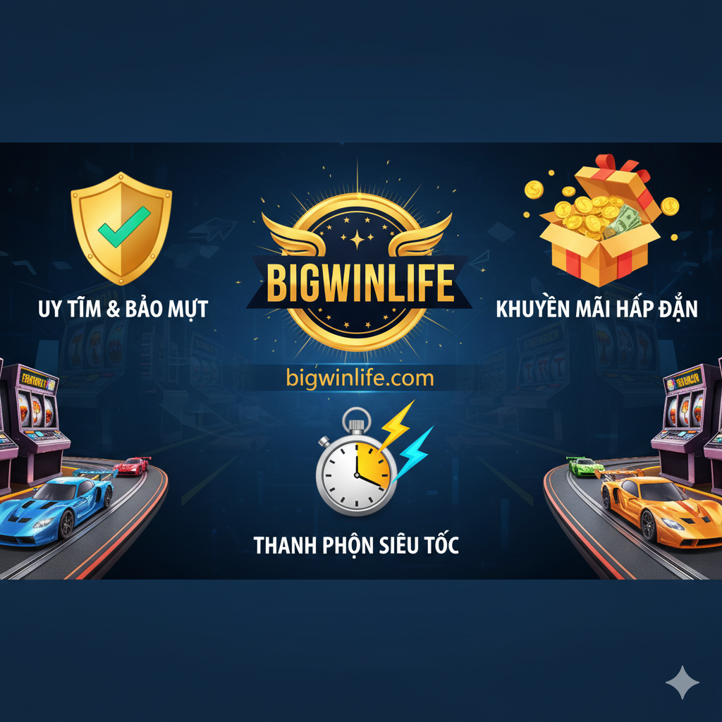 Hình ảnh thể hiện các lợi thế khi chơi tại Bigwinlife, tập trung vào sự tin cậy. Ở trung tâm, logo Bigwinlife được hiển thị nổi bật. Xung quanh là ba biểu tượng lợi ích chính: một chiếc khiên vàng với dấu tích ghi "Uy Tín & Bảo Mật" (Trust & Security), một hộp quà chứa đầy tiền thưởng ghi "Khuyến Mãi Hấp Dẫn" (Attractive Promotions), và một đồng hồ bấm giờ với tia sét ghi "Thanh Toán Siêu Tốc" (Super Fast Payments). Nền là một dải màu xanh đậm tinh xảo với các hoa văn hình học tinh tế. Cảm giác tổng thể là an toàn, chuyên nghiệp và hấp dẫn.