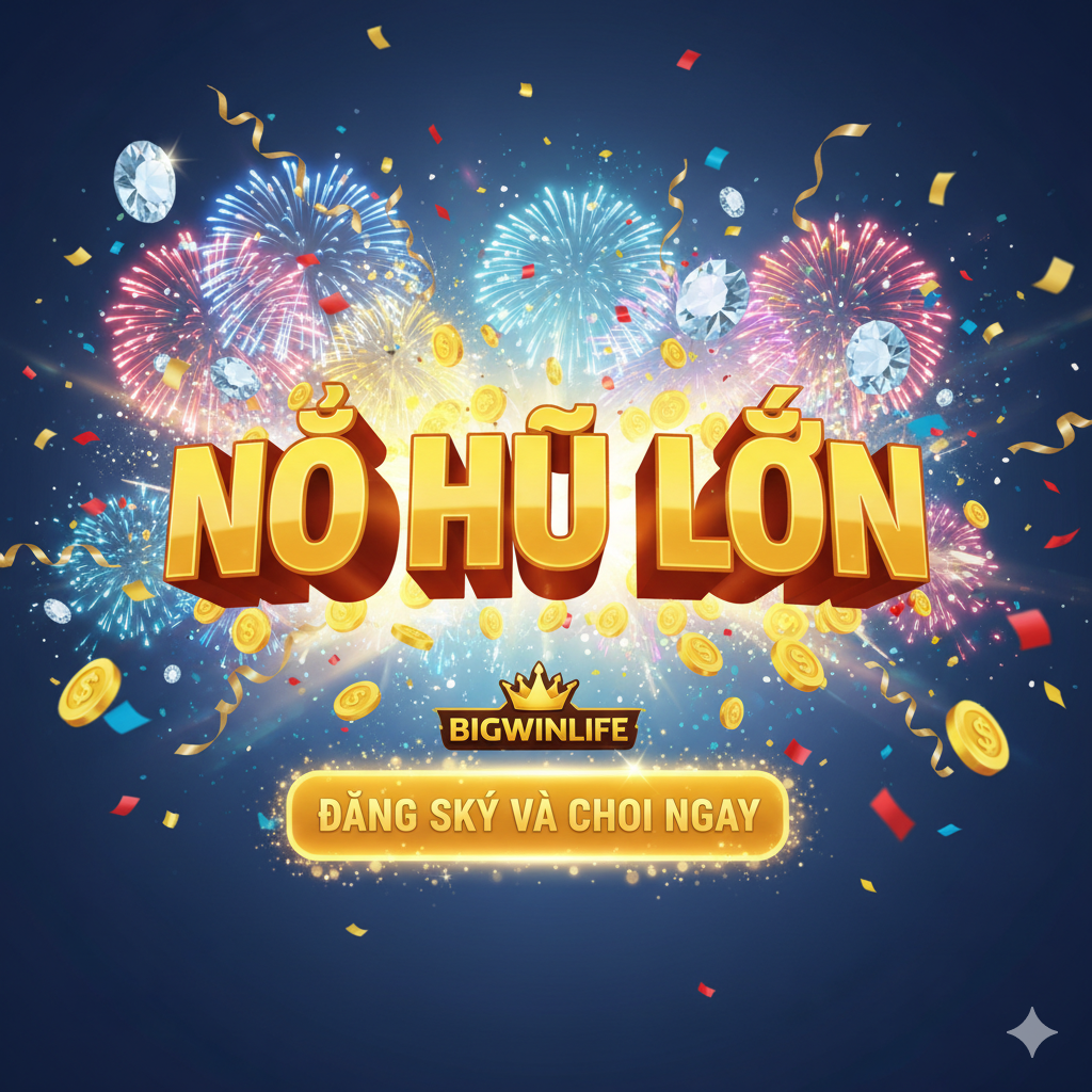 Một hình ảnh tóm tắt kêu gọi hành động (CTA) mạnh mẽ. Tiêu điểm chính là dòng chữ "NỔ HŨ LỚN" (Big Jackpot) hoặc "BIG WIN" bằng chữ vàng 3D bùng nổ, với cơn mưa tiền vàng và kim cương lấp lánh rơi xuống. Nền là một cảnh ăn mừng sống động, có thể có pháo hoa hoặc hoa giấy. Ở phía dưới, một nút kêu gọi hành động nổi bật, phát sáng có nội dung "ĐĂNG KÝ VÀ CHƠI NGAY" (Register and Play Now), với logo Bigwinlife được đặt ngay phía trên. Hình ảnh được thiết kế để gợi lên sự phấn khích và cấp bách, khuyến khích người dùng tham gia.