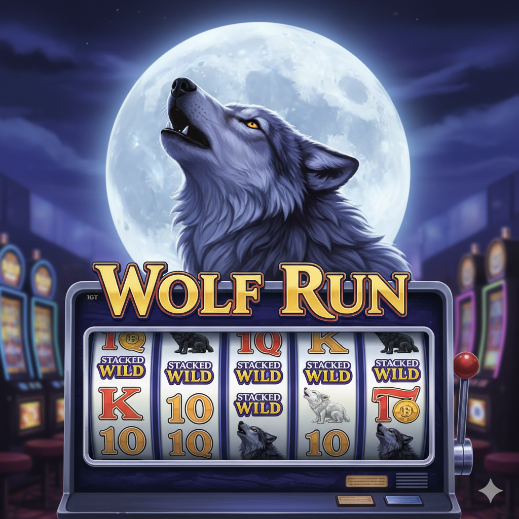 ภาพหน้าปกเกมสล็อต Wolf Run ที่น่าดึงดูดใจ โดดเด่นด้วยสัญลักษณ์ Wild หมาป่ากำลังหอนอยู่ใต้พระจันทร์เต็มดวงในโทนสีน้ำเงินเข้มและสีม่วงของราตรี ภาพควรมีวงล้อสล็อตแมชชีน Wolf Run แบบคลาสสิกของ IGT ปรากฏอยู่ด้านหน้าเล็กน้อย โดยแสดงให้เห็นแถวของสัญลักษณ์ Stacked Wilds เพื่อสื่อถึงโอกาสชนะรางวัลใหญ่ เน้นความรู้สึกของคาสิโนคลาสสิกที่มีกราฟิกหรูหราแต่เรียบง่าย สไตล์ภาพวาดดิจิทัลที่มีรายละเอียดสูง