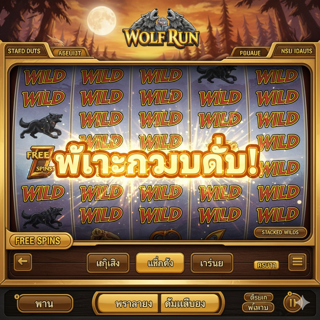 ภาพเน้นคุณสมบัติ Stacked Wilds และ Free Spins แสดงหน้าจอเกมสล็อต Wolf Run ที่มีวงล้อหลายวงเต็มไปด้วยสัญลักษณ์หมาป่าคำราม Wild ซ้อนกันอย่างน้อย 3-4 วงล้อต่อเนื่องกัน โดยมีข้อความ 'BIG WIN' หรือ 'MEGA WIN' ปรากฏอยู่ตรงกลางหน้าจอเป็นภาษาอังกฤษหรือมีไฟกระพริบสว่างไสว โทนสีอบอุ่นและสว่างไสวเพื่อแสดงถึงความสำเร็จในการชนะรางวัลใหญ่ เน้นการจัดวางที่เข้าใจง่ายเพื่ออธิบายกลไกหลักของเกม