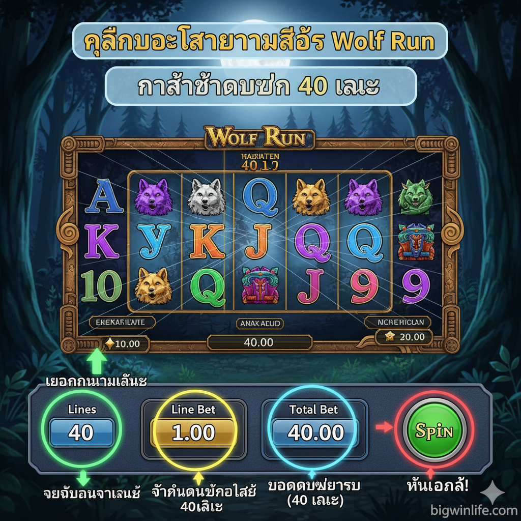 ภาพประกอบคู่มือการเล่น แสดงหน้าจออินเทอร์เฟซของเกม Wolf Run พร้อมการเน้นที่ปุ่มควบคุมหลัก ได้แก่ ปุ่ม 'Lines', 'Line Bet', 'Total Bet' และปุ่ม 'Spin' โดยมีลูกศรหรือวงกลมสีสันสดใสชี้ไปยังส่วนต่างๆ เหล่านี้เพื่อบ่งชี้ขั้นตอนการตั้งค่าการเดิมพัน ควรสื่อถึงการเล่นแบบ 40 ไลน์เต็ม เพื่อให้ผู้ใช้เห็นภาพรวมของการเตรียมตัวก่อนเริ่มเกม ภาพควรมีความชัดเจนและเป็นระเบียบคล้ายกับภาพหน้าจอ UI เกมจริง