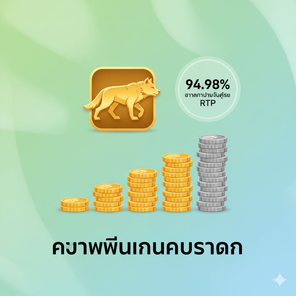 ภาพแสดงข้อได้เปรียบของความผันผวนปานกลางและ RTP ที่ดี ภาพกราฟิกเชิงนามธรรมที่แสดงความสมดุลระหว่างรางวัลขนาดเล็กและรางวัลขนาดใหญ่ อาจมีภาพไอคอนรูปหมาป่าสีทองและกองเหรียญที่กำลังเติบโตอย่างสม่ำเสมอในระดับที่มั่นคง ไม่ใช่การขึ้นลงอย่างรวดเร็ว (เพื่อสื่อถึง Medium Volatility) โทนสีเขียวหรือสีฟ้าอ่อนเพื่อสื่อถึงความน่าเชื่อถือและการทำกำไรที่สม่ำเสมอ มีไอคอน RTP 94.98% และคำว่า 'Medium Volatility' อยู่ในองค์ประกอบภาพอย่างลงตัว