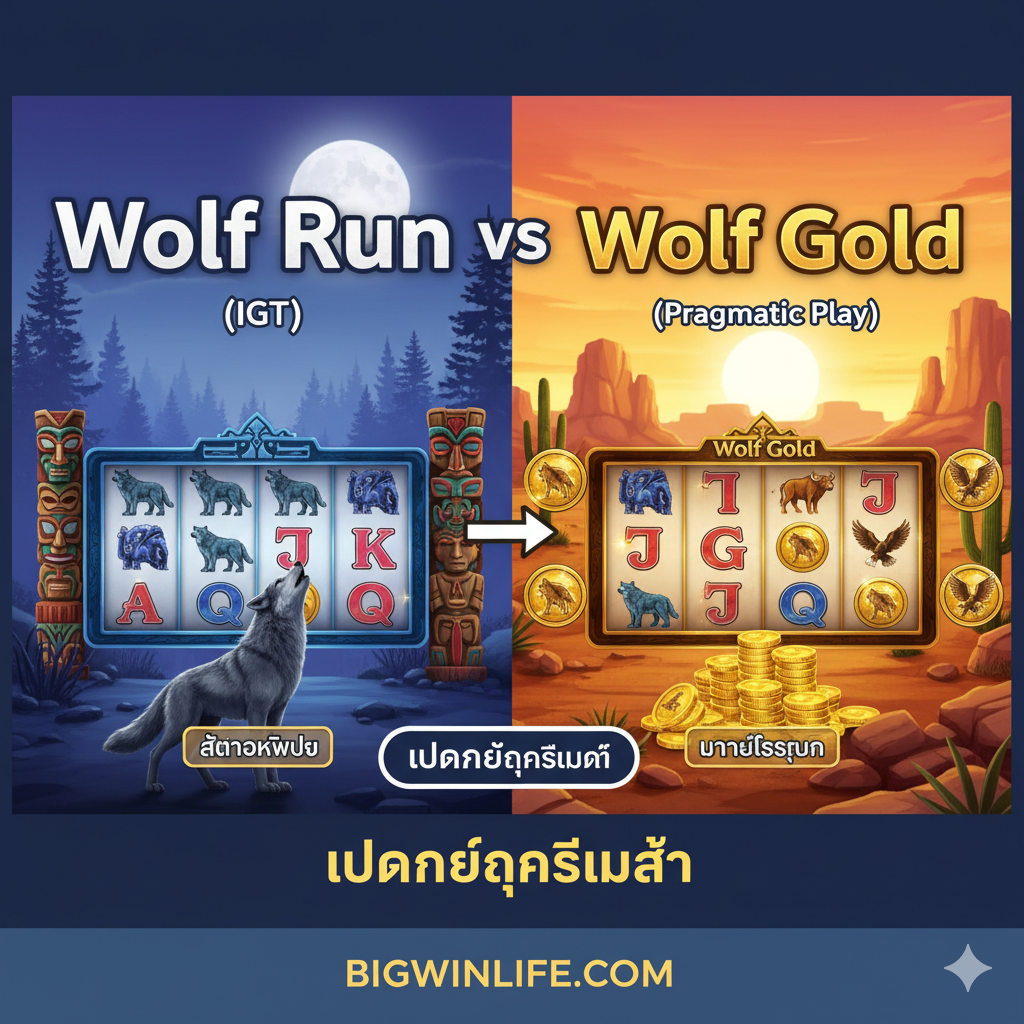ภาพเปรียบเทียบเกม Wolf Run (IGT) และ Wolf Gold (Pragmatic Play) จัดวางภาพเป็นสองส่วนที่แตกต่างกันอย่างชัดเจน โดยด้านหนึ่งเป็นสไตล์คลาสสิกของ Wolf Run มีโทเท็มและหมาป่าหอน (โทนน้ำเงินเข้ม) และอีกด้านเป็นสไตล์สมัยใหม่ของ Wolf Gold มีสัญลักษณ์เหรียญทองและฉากทะเลทราย (โทนสีส้ม/เหลือง) ภาพควรมีไอคอนหรือข้อความเปรียบเทียบคุณสมบัติหลัก เช่น 'Stacked Wilds' vs 'Money Respin' เพื่อเป็นภาพสรุปสำหรับการตัดสินใจเลือกเล่นของผู้ใช้