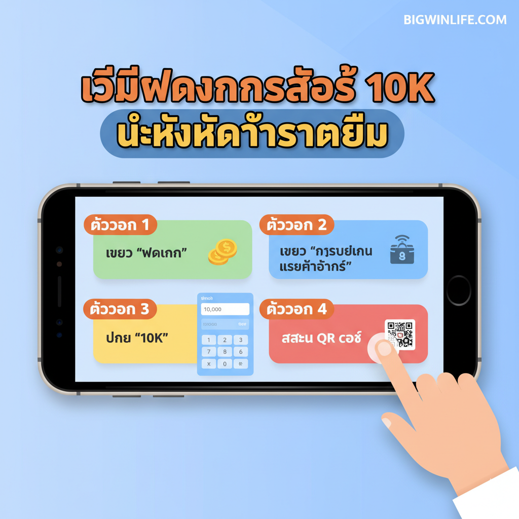 Ảnh hướng dẫn từng bước (tutorial) cách nạp tiền 10K không mất phí. Hình ảnh mô phỏng giao diện người dùng trên điện thoại di động (mobile-first), hiển thị các bước cơ bản. Sử dụng các số thứ tự lớn (Bước 1, Bước 2, Bước 3) được tô màu nổi bật. Nội dung tập trung vào: 1. Chọn 'Nạp Tiền', 2. Chọn 'Ví Điện Tử', 3. Nhập '10K', và 4. Quét Mã QR. Sử dụng các hình ảnh minh họa nhỏ gọn của Mã QR và biểu tượng Ví Điện Tử. Phong cách nên đơn giản, trực quan, dễ theo dõi, với một bàn tay ảo đang thao tác trên màn hình điện thoại để tạo cảm giác hướng dẫn thực tế.