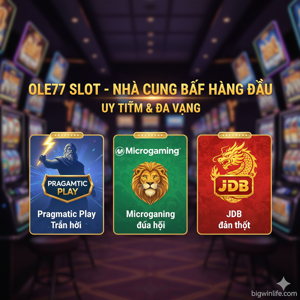 功能特性图,重点展示文章中提到的顶级游戏供应商(Provider)。图片中央是一个精美的三联屏或卡片设计,分别展示 Pragmatic Play (PP)、Microgaming (MG) 和 JDB 的标志性元素。例如,PP 旁边可以有《Gates of Olympus》的宙斯剪影,MG 旁边可以有《Mega Moolah》的狮子。色彩鲜艳,象征着游戏的多样性和高质量。整体构图旨在强调 Ole77 Slot 平台的 'Uy Tín và Đa Dạng',背景可以虚化为一排排老虎机屏幕。