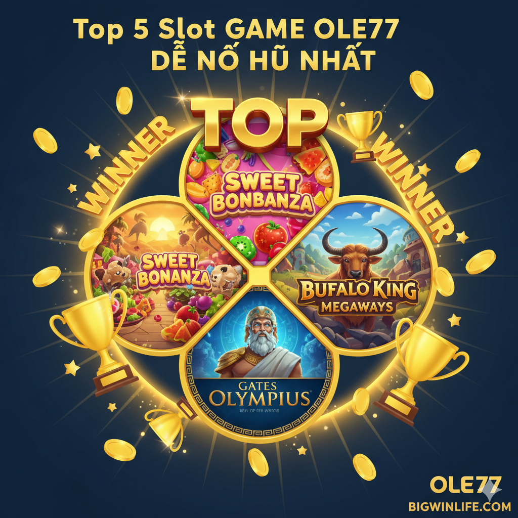 优势图,展示 'Top 5 Slot Game Ole77 Dễ Nổ Hũ Nhất'。图片中心应是文章中提到的三款明星游戏:《Sweet Bonanza》、《Gates of Olympus》和《Buffalo King Megaways》的精美游戏图标或宣传图的拼贴。图标周围环绕着金币、奖杯或 'WINNER' 字样,并用一个大大的金色 'TOP' 标记强调其最佳地位。色彩充满活力,突出游戏本身的吸引力。构图采用倾斜或放射状布局,增加视觉冲击力和动感,表明这些游戏是玩家的最佳选择。