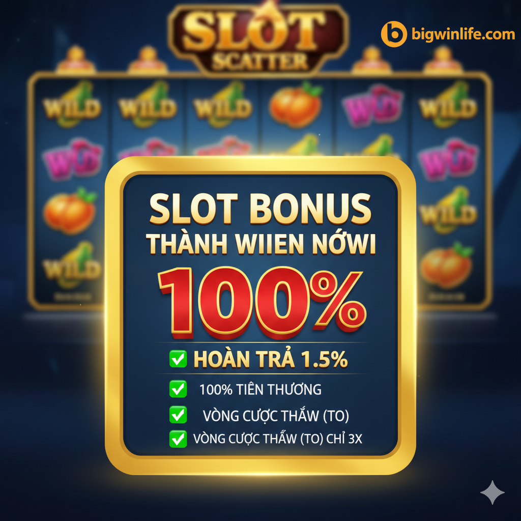 Hình ảnh minh họa cho các tính năng khuyến mãi chính. Ảnh cần tập trung vào ưu đãi Slot Bonus New Member 100% TO 3x. Nền ảnh là giao diện Game Slot (có thể mờ) với các biểu tượng Wild/Scatter. Ở tiền cảnh, nổi bật một chiếc thẻ bài/chip poker lớn hoặc một huy hiệu Vàng ghi rõ "BONUS 100% TO 3X - LOWEST TURNOVER". Sử dụng biểu tượng mũi tên hoặc dấu kiểm màu xanh lá cây để nhấn mạnh các lợi ích: 100% Bonus, TO Thấp, Hoàn Trả 1.5%. Màu sắc tươi sáng, sử dụng font chữ lớn, đậm để dễ dàng đọc được các con số quan trọng.