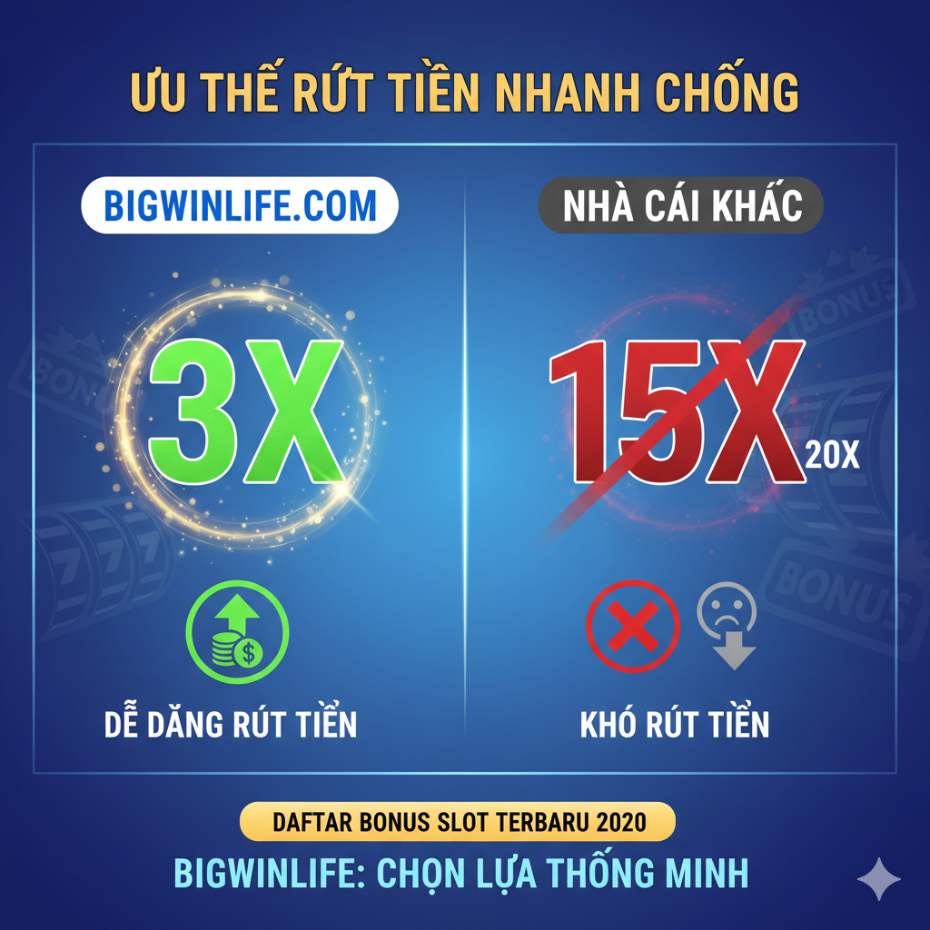 Hình ảnh minh họa lợi thế Yêu Cầu TO Thấp (Turnover thấp). Bố cục so sánh giữa Bigwinlife (TO 3x) và Nhà cái khác (TO 15x hoặc 20x). Bên trái (Bigwinlife): Một con số '3X' lớn màu xanh lá cây hoặc vàng tươi, kèm theo biểu tượng Dễ Dàng Rút Tiền (mũi tên chỉ lên). Bên phải (Nhà cái khác): Một con số '15X' hoặc '20X' màu đỏ hoặc xám, kèm theo biểu tượng Khó Rút Tiền (mặt buồn/dấu X). Tổng thể tạo cảm giác tin cậy, nhấn mạnh sự khác biệt cạnh tranh và lợi ích tài chính rõ ràng cho người chơi.