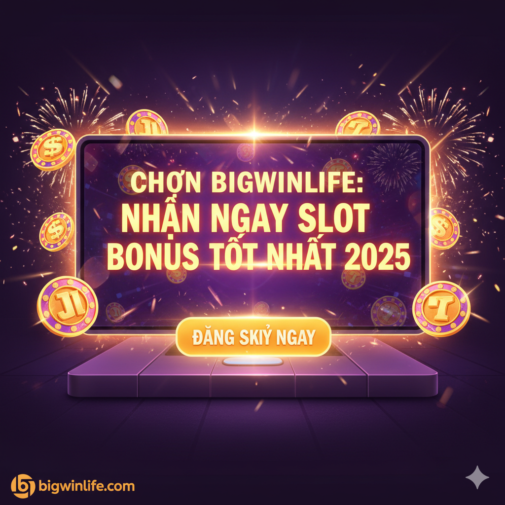 Hình ảnh kết luận, tạo động lực hành động (CTA). Ảnh hiển thị một tấm bảng/màn hình Game Slot cuối cùng với thông điệp mạnh mẽ: "CHỌN BIGWINLIFE: NHẬN NGAY SLOT BONUS 100% TỐT NHẤT 2025". Phía dưới là một nút lớn nổi bật (Big Button) ghi chữ "ĐĂNG KÝ NGAY" hoặc "DAFTAR SEKARANG" với hiệu ứng nhấp nháy/3D. Xung quanh là ánh sáng rực rỡ, pháo hoa hoặc tia sáng Jackpot, tạo cảm giác cấp bách và cơ hội sắp đến. Tông màu kết hợp sự phấn khích và lời mời gọi hành động cuối cùng.