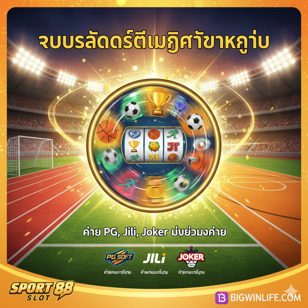 总结图聚焦在“สล็อตธีมกีฬา” 和 “ค่าย PG, Jili”。画面中央是一个虚拟的老虎机屏幕，显示着一个正在旋转的足球、篮球或体育赛事图标。在屏幕的两侧或下方，放置一些著名老虎机供应商（如PG Soft, Jili, Joker）的小Logo或图标，表明游戏来源广泛且优质。背景融合了跑道、球场和幸运之光，象征着玩乐与胜利的结合。整体画面充满活力和游戏感，强调“แตกง่าย”และ游戏的多样性。