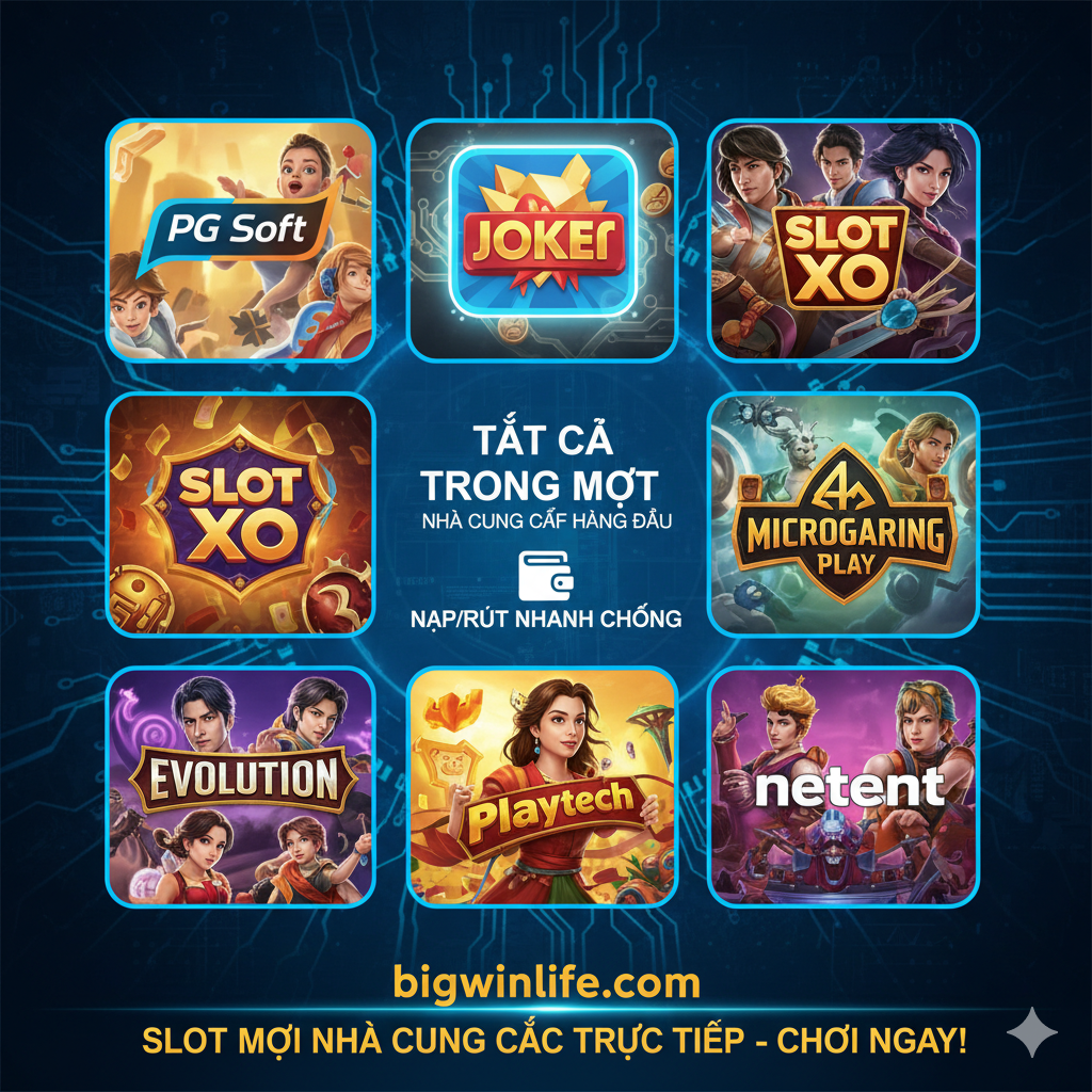 一个高品质的数字艺术封面图，主题为“slot ทุกค่ายเว็บตรง”和“Bigwinlife”。中心是一个巨大的、发光的金色老虎机符号（如“777”或“BAR”），周围环绕着多个著名老虎机游戏图标的小光球或悬浮窗口，代表PG Soft、Joker Gaming、Pragmatic Play等不同游戏供应商的Logo或主题元素。背景是深蓝色或紫色，带有未来感的霓อง灯线条และ闪烁的金色粒子效果，营造出高端、刺激、且“เว็บตรง”的信任感。底部用泰语醒目地展示“Bigwinlife: สล็อตเว็บตรงทุกค่าย”字样，使用大胆、现代的字体。