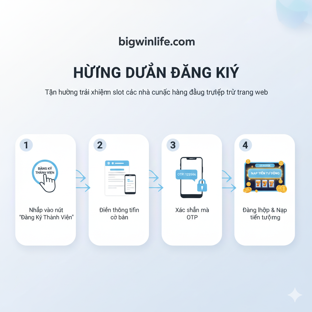 一张简洁明了的教程步骤图,展示“การสมัครสมาชิก”的流程。采用3-4个编号的步骤气泡或卡片式设计,从左到ขวาหรือจากบนลงล่าง引导用户。步骤1: “คลิกปุ่ม 'สมัครสมาชิก'”(一个手点击按钮的图标)。步骤2: “กรอกข้อมูลพื้นฐาน”(一个表格และ手机图标)。ขั้นตอน 3: “ยืนยัน OTP”(一个手机และ短信验证码图标)。ขั้นตอน 4: “เข้าสู่ระบบและฝากเงิน Auto”(一个发光的“Auto Deposit”และ游戏界面图标)。背景使用柔和的浅色调,流程图的线条流畅,确保用户能轻松เข้าใจวิธีการลงทะเบียนและเริ่มเล่นเกมที่ Bigwinlife。