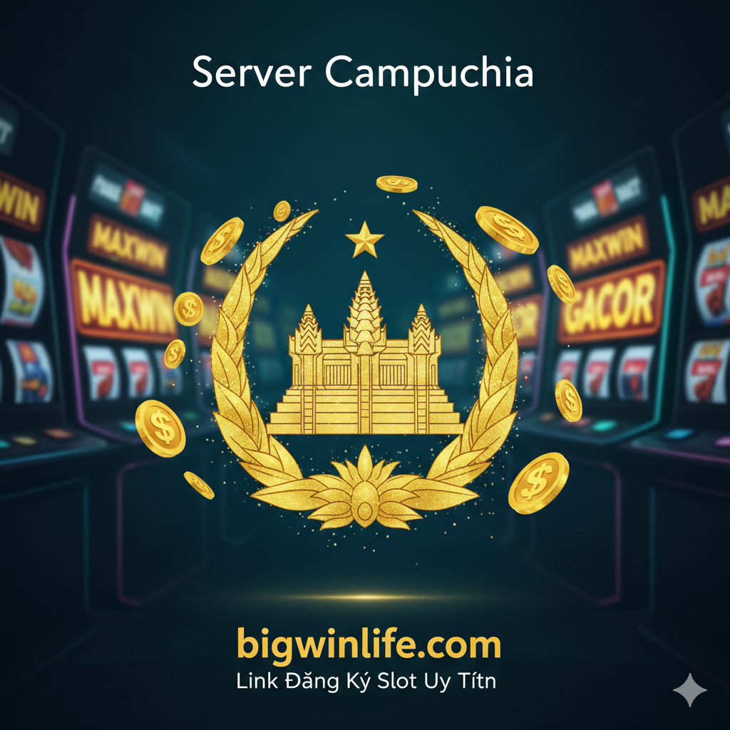 Một tấm phủ tác động cao, sử dụng màu xanh đậm và vàng làm tông màu chính, tạo ra cảm giác cao cấp và tin cậy. Trung tâm bức tranh là một phù điêu vàng trừu tượng, lấp lánh của Quốc huy Campuchia (Kamboja) (Royal Arms of Cambodia), tượng trưng cho quyền lực của "Server Kamboja". Xung quanh phù điêu là nhiều đồng tiền vàng quay tròn với logo máy đánh bạc. Trong nền, có thể thấy màn hình máy đánh bạc mờ, đầy hiệu ứng đèn neon, hiển thị các chữ "MAXWIN" và "GACOR". Phía dưới, tên thương hiệu bigwinlife.com và dòng chữ nhỏ tiếng Việt "Link Daftar Slot Terpercaya" được nhìn thấy rõ ràng, nhấn mạnh độ tin cậy và chủ đề. Phong cách tổng thể hiện đại, sang trọng, bố cục tập trung, tiêu điểm hình ảnh tập trung vào các yếu tố vàng.