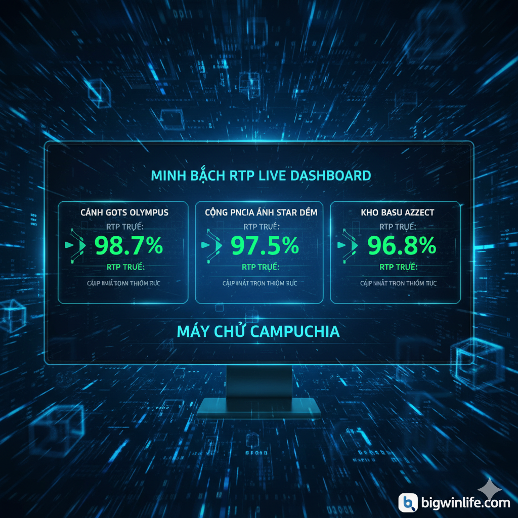 Một hình ảnh trình bày chức năng cốt lõi “Minh Bạch RTP Live Dashboard”. Chủ đề của hình ảnh là một bảng điều khiển (Dashboard) hoặc màn hình máy tính với giao diện tương lai. Màn hình hiển thị rõ ràng tên của một số trò chơi máy đánh bạc phổ biến (chẳng hạn như Gates of Olympus, Starlight Princess), bên cạnh là các số phần trăm cao được cập nhật động, chẳng hạn như “RTP Live: 98.7%”, các số phần trăm được làm nổi bật với hiệu ứng màu xanh lá cây và lấp lánh. Nền là mạng lưới công nghệ màu xanh với luồng dữ liệu tốc độ cao, gợi ý “Tốc Độ” và sự ổn định của “Server Kamboja”. Logo nhỏ bigwinlife.com có thể được đặt ở góc bảng điều khiển, xác nhận nguồn dữ liệu. Bố cục tổng thể nhằm mục đích truyền tải sự minh bạch, thời gian thực và công nghệ cao.