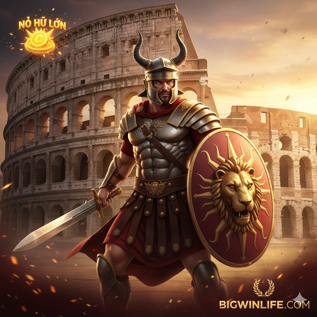 Ảnh bìa chính cho bài viết 'Slot Roma' tại Bigwinlife. Hình ảnh phải thể hiện rõ chủ đề La Mã cổ đại: trung tâm là biểu tượng người Chiến binh La Mã dũng mãnh đội mũ sắt, cầm kiếm và khiên, đứng trước phông nền là đấu trường Colosseum hùng vĩ, được chiếu sáng bởi ánh mặt trời rực rỡ hoặc ánh đèn sân khấu. Màu sắc chủ đạo là vàng đồng, đỏ sẫm và đen, tạo cảm giác quyền lực và kịch tính. Góc dưới hoặc góc trên có thể lồng ghép tinh tế logo (giả định) của Bigwinlife hoặc một biểu tượng Nổ Hũ (Jackpot) lớn, lấp lánh để thu hút sự chú ý. Phong cách đồ họa 3D sống động, chất lượng cao, mang hơi hướng game Slot hiện đại.