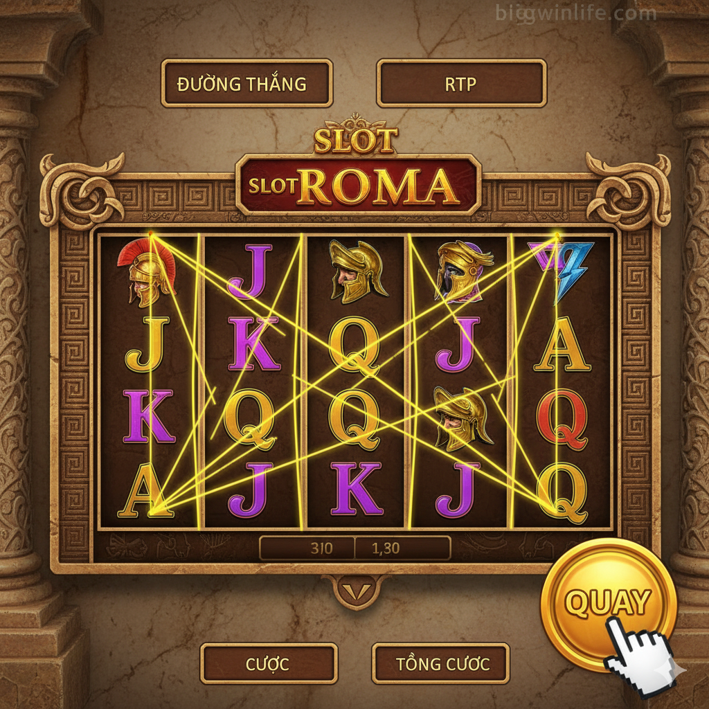 Hình ảnh hướng dẫn luật chơi cơ bản và cách quay Slot Roma. Ảnh mô tả một giao diện game Slot Roma (5 cuộn, 3 hàng) với các Paylines được đánh dấu rõ ràng bằng đường kẻ sáng. Một ngón tay (hoặc con trỏ chuột) đang nhấn vào nút 'Spin' lớn ở góc dưới màn hình. Phía trên màn hình có hiển thị các thuật ngữ như 'Paylines' và 'RTP' (Return to Player) một cách đơn giản, dễ hiểu. Màu nền nên là màu gỗ sẫm hoặc màu đá cẩm thạch La Mã để tạo cảm giác cổ kính. Mục đích là để người xem dễ dàng hình dung quy trình 'Đặt Cược' và 'Quay' game, tập trung vào tính trực quan của giao diện người dùng (UI).