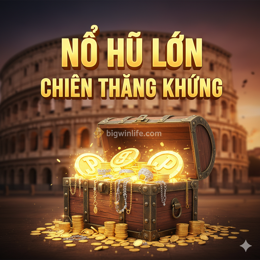 Hình ảnh tổng kết và kêu gọi hành động (CTA), tập trung vào cơ hội 'Nổ Hũ' (Jackpot). Ảnh trung tâm là một chiếc rương kho báu La Mã cổ đại đang mở ra, bên trong tràn ngập tiền vàng, trang sức và các biểu tượng Jackpot lấp lánh. Phía trên rương có dòng chữ lớn 'BIGWIN' hoặc 'JACKPOT' với hiệu ứng ánh sáng vàng rực rỡ. Phông nền mờ ảo, có thể là bóng dáng của Đấu Trường La Mã hoặc logo Bigwinlife. Hình ảnh tạo cảm giác phấn khích, chiến thắng và thúc đẩy người chơi hành động, với sự kết hợp màu sắc ấm áp (vàng, cam) và độ tương phản cao để tạo điểm nhấn.