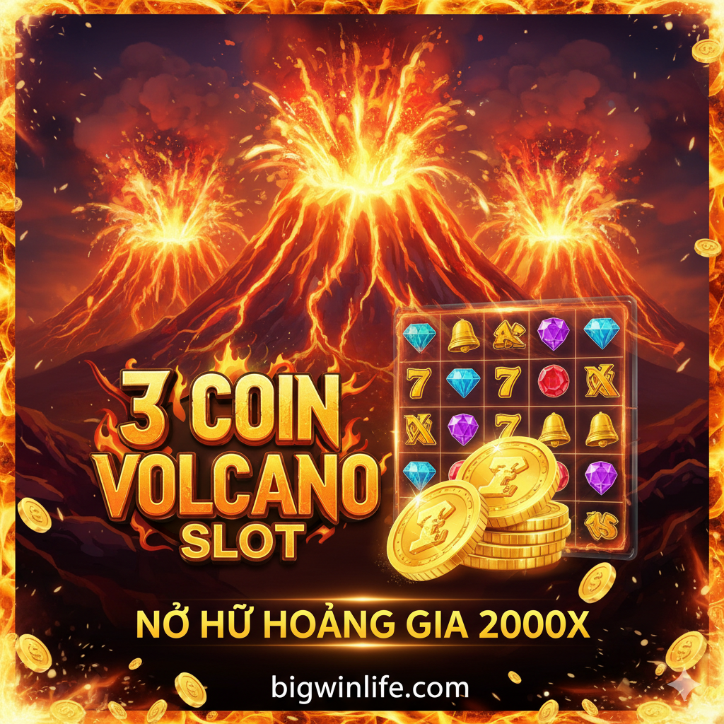 图片应是《3 Coin Volcano Slot》游戏的主视觉图,以一座或三座喷发的火山为核心背景,色彩以炽热的红、橙、黄为主,营造出高热和爆发的视觉冲击力。前景是金光闪 shimmering 的3个古老金币堆叠,旁边是游戏标志性的4x3(或4x5扩展)转轴网格的半透明叠加。画面中心突出显示“3 Coin Volcano Slot”的Logo và “Royal Jackpot 2000x”字样,风格为高清、现代的赌场 Slot 游戏渲染图,强调高波动 tính và đại thưởng tiềm lực。