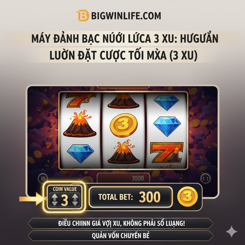 功能特性图，重点展示文章中提到的“3 Coin”机制和三个火山Booster。画面中央应有三座小火山并排，分别以醒目的绿、红、蓝三种颜色高亮，象征Life Booster、Multi Booster和Grow Booster。每座火山下方用小图标 hoặc 文字简要说明其功能。背景 là 深色、充满熔岩裂纹的岩石纹理，风格应是清晰、信息图表式的游戏机制展示图，帮助玩家理解“3 Coin”如何 kích hoạt những đặc biệt chức năng này。