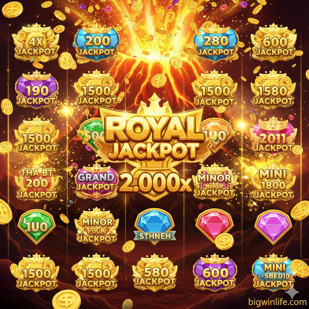 优势特点图,突出强调游戏提供的五种Jackpot,尤其是Royal Jackpot 2000x。画面应是Vòng Bonus Hold & Win模式的特写,转轴上布满了各种带有金额 hoặc Jackpot tên gọi 的符号。一个巨大的、金色的“Royal Jackpot”奖杯 hoặc 文字 chiếm cứ 的画面 tiêu điểm, và đánh dấu “2,000x” 的 bội số. Cấu đồ 应充满 chiến thắng và tài phú cảm giác,用大量的 kim tệ、爆炸 hiệu ứng và sáng ánh sáng để tô điểm, thể hiện chơi trò chơi này mang lại 的 cự ngạch hồi báo tiềm lực。