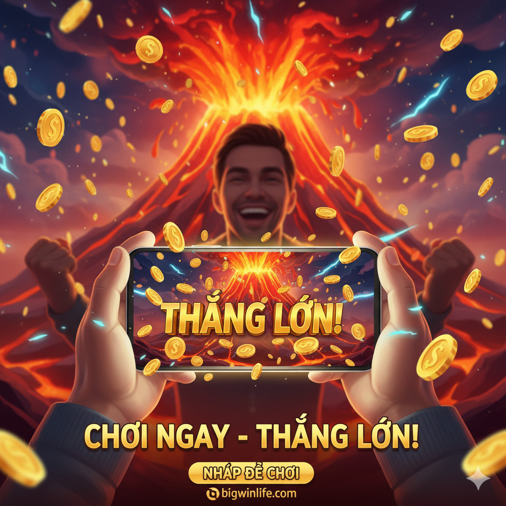 总结图，用于激励玩家。画面应该是一个胜利瞬间的特写，一位面带笑容的玩家（抽象剪影 hoặc 手部特写）正兴奋地看着 điện thoại di động hoặc máy tính màn hình trên hiển thị “BIG WIN” hoặc “JACKPOT” 的文字, nền tảng là nham thạch phun phát và kim tệ mưa 的 hoạt họa hiệu ứng。Phong cách sáng sủa, tràn đầy sinh lực và cổ vũ nhân tâm, phù hợp với bigwinlife.com 的 thương hiệu điều tính, khuyến khích người dùng “CHƠI NGAY - THẮNG LỚN!” và click vào liên kết。